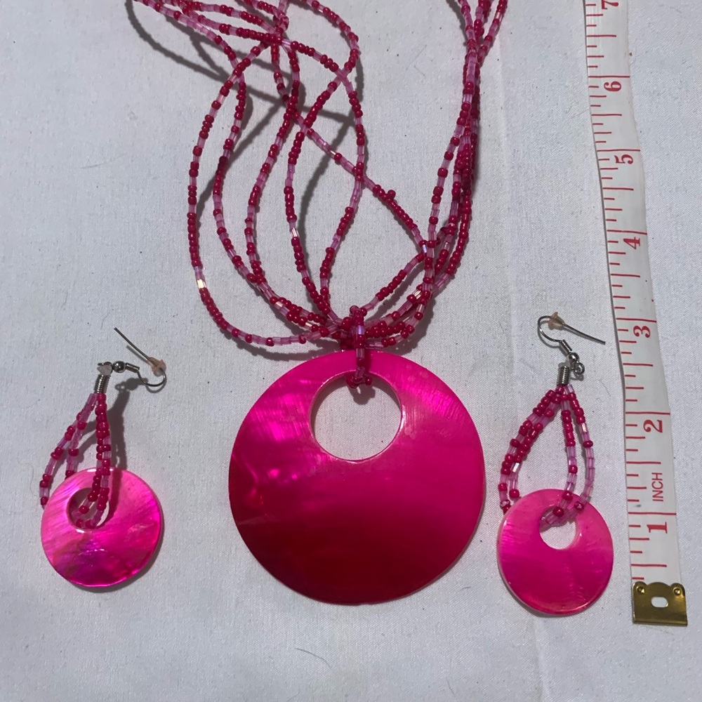 Pink Multi-Strand Beaded Necklace with Round Pendant and Matching Earrings - Picture 2 of 3